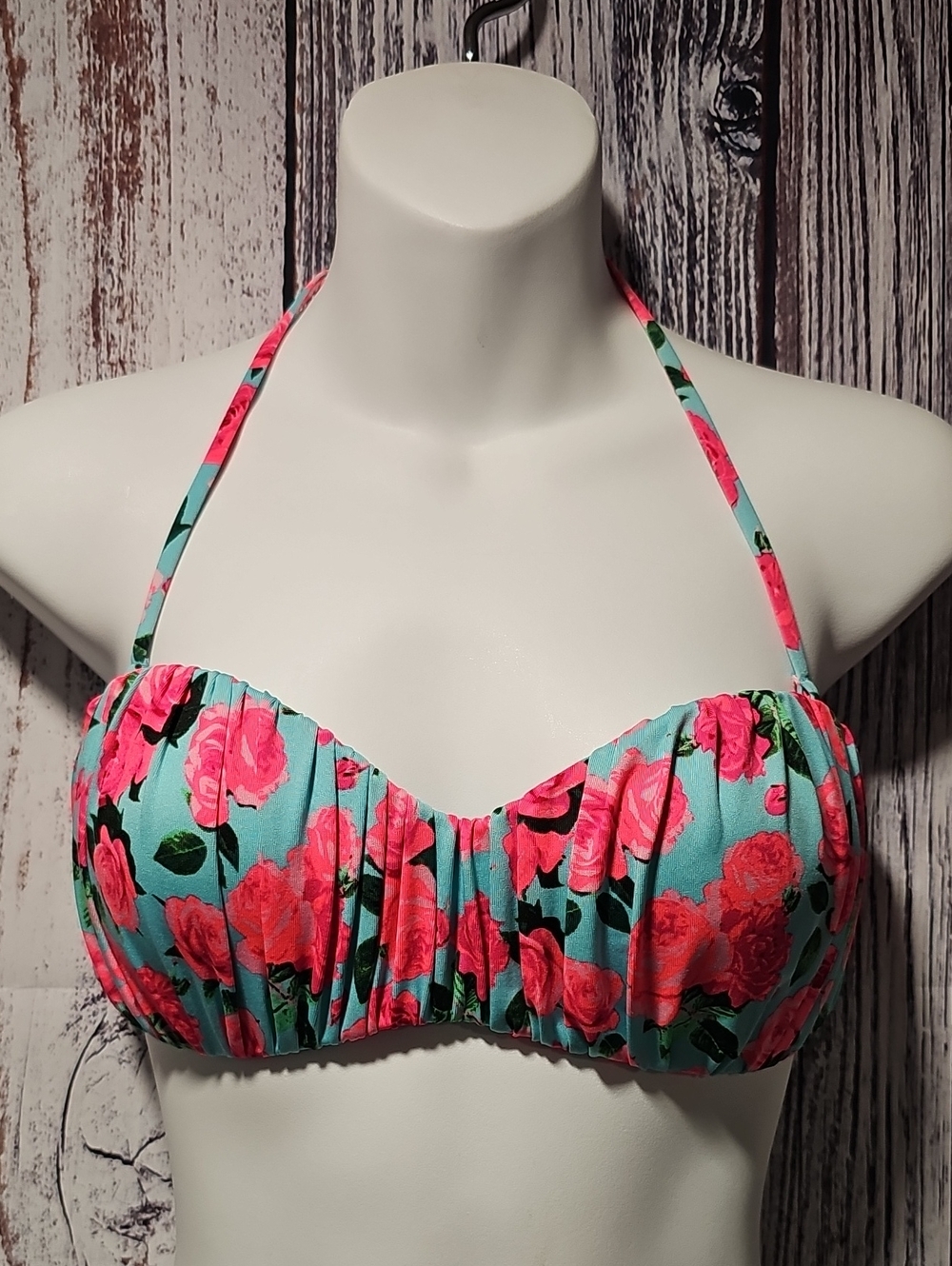 H&M Turquoise Halter Bikini Top with Pink Rose Print
